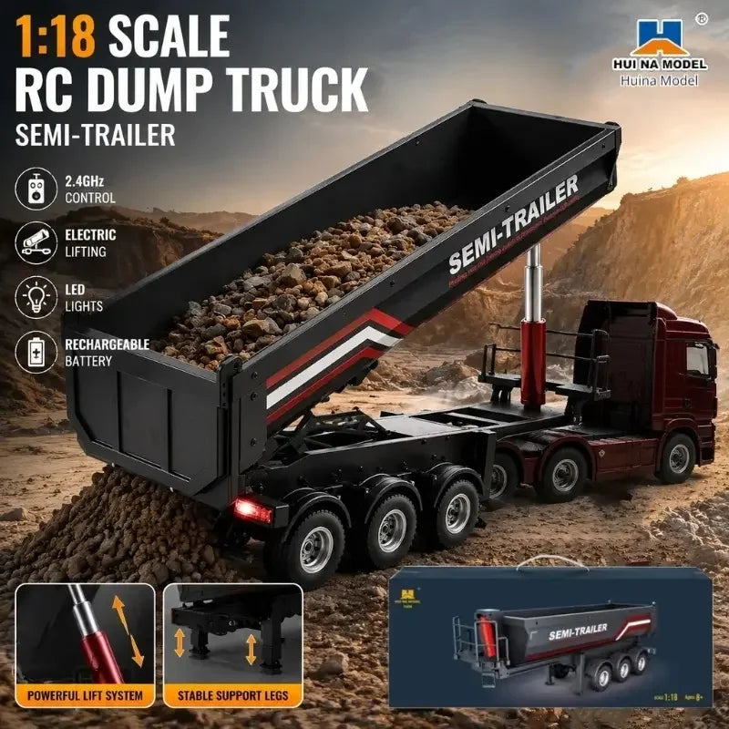 Huina 1/18 Rc Semi Dump Trailer Electric Lifting Model With Tail Light Support Leg For Rc Tractor Truck