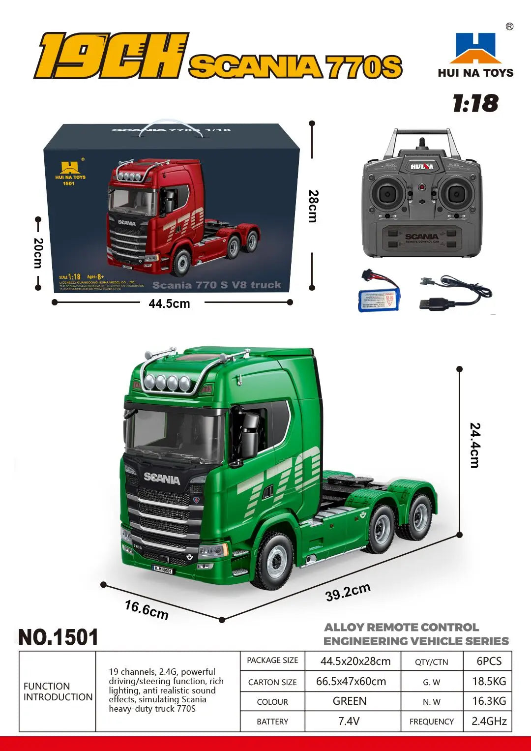 1:18 Scale 770s Rc Tractor Truck Huina 1501 Plastic Rtr Lorry Cars Remote Control Car Model With Battery Light Sound Boys Toys