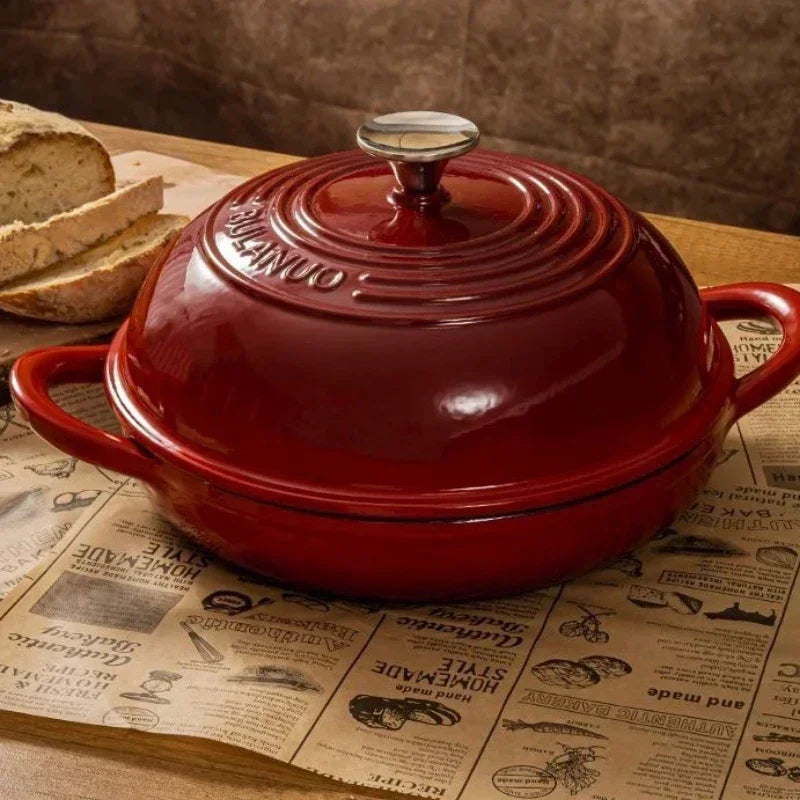 oh-11 Inch Red Enameled Cast Iron Bread Pan with Lid Dutch Oven for Sourdough Baking - Oven Safe Kitchen Baking Dish-