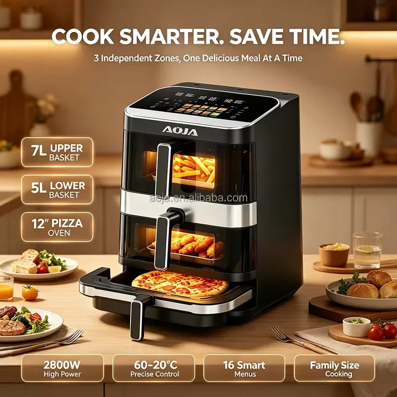Hot Sale 6+4+10L 3-Layer Double Basket Air Fryer Oven 2800W Stainless Steel Independent Multi-Zone Color Touchscreen 12