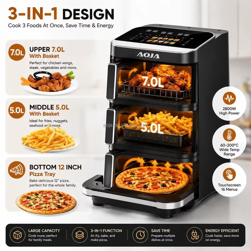 Hot Sale 6+4+10L 3-Layer Double Basket Air Fryer Oven 2800W Stainless Steel Independent Multi-Zone Color Touchscreen 12