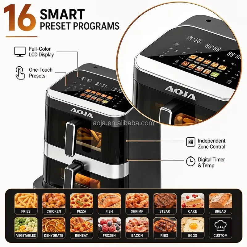 Hot Sale 6+4+10L 3-Layer Double Basket Air Fryer Oven 2800W Stainless Steel Independent Multi-Zone Color Touchscreen 12