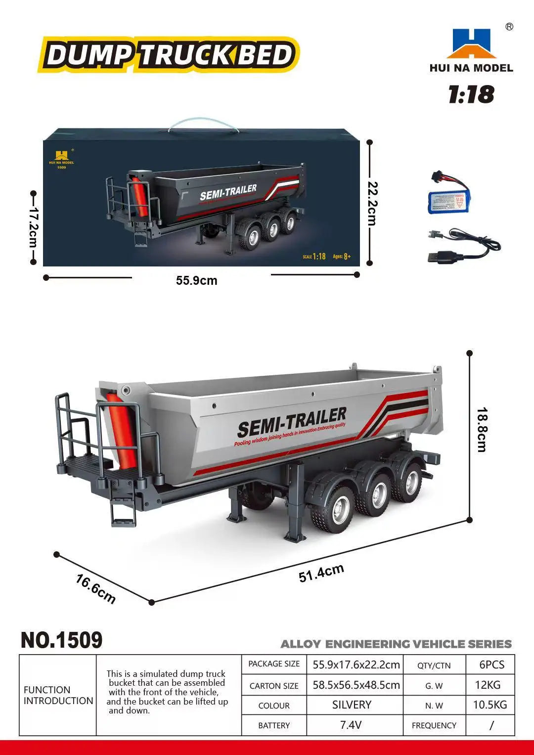 Huina 1/18 Rc Semi Dump Trailer Electric Lifting Model With Tail Light Support Leg For Rc Tractor Truck
