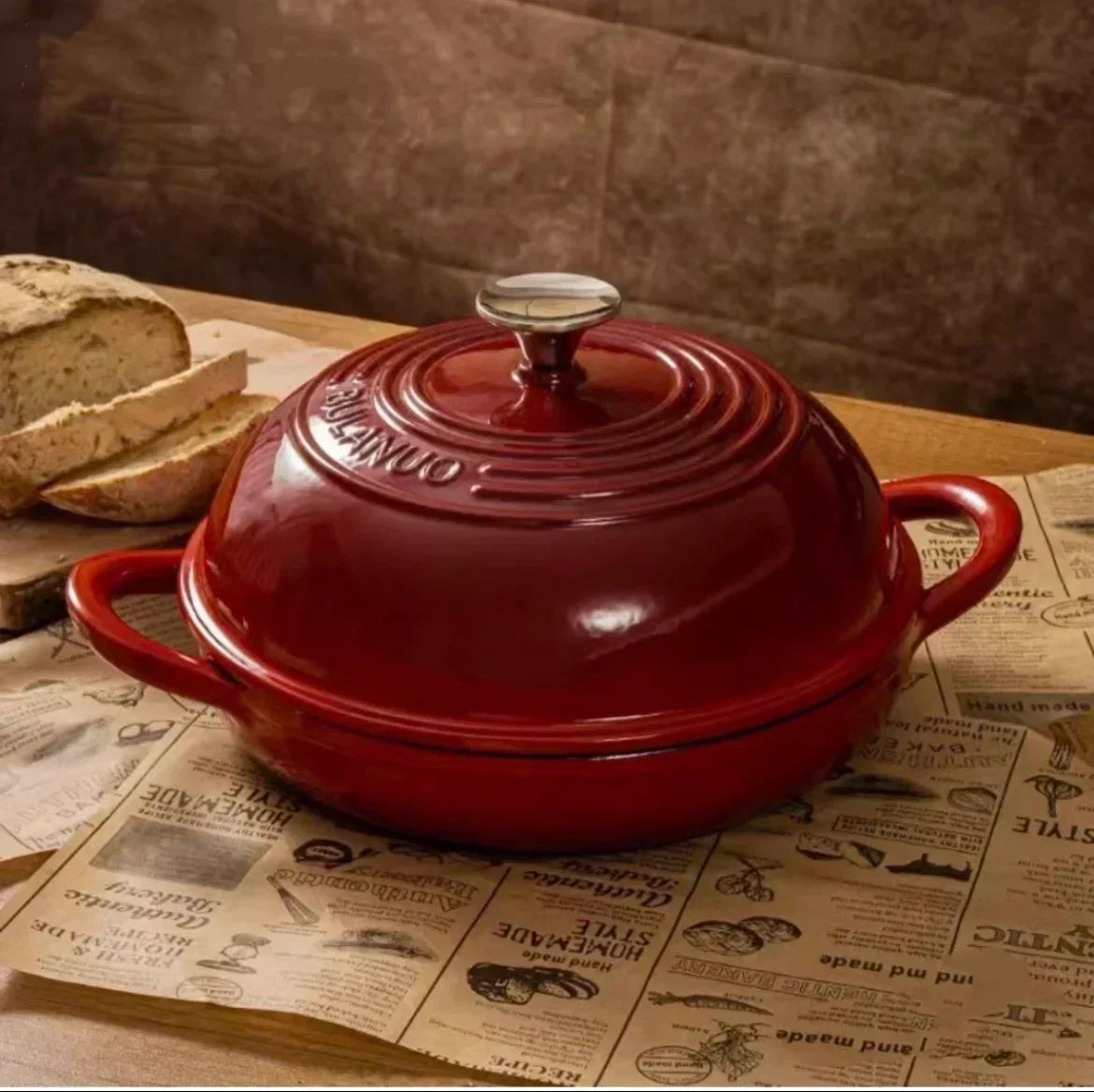 oh-11 Inch Red Enameled Cast Iron Bread Pan with Lid Dutch Oven for Sourdough Baking - Oven Safe Kitchen Baking Dish-