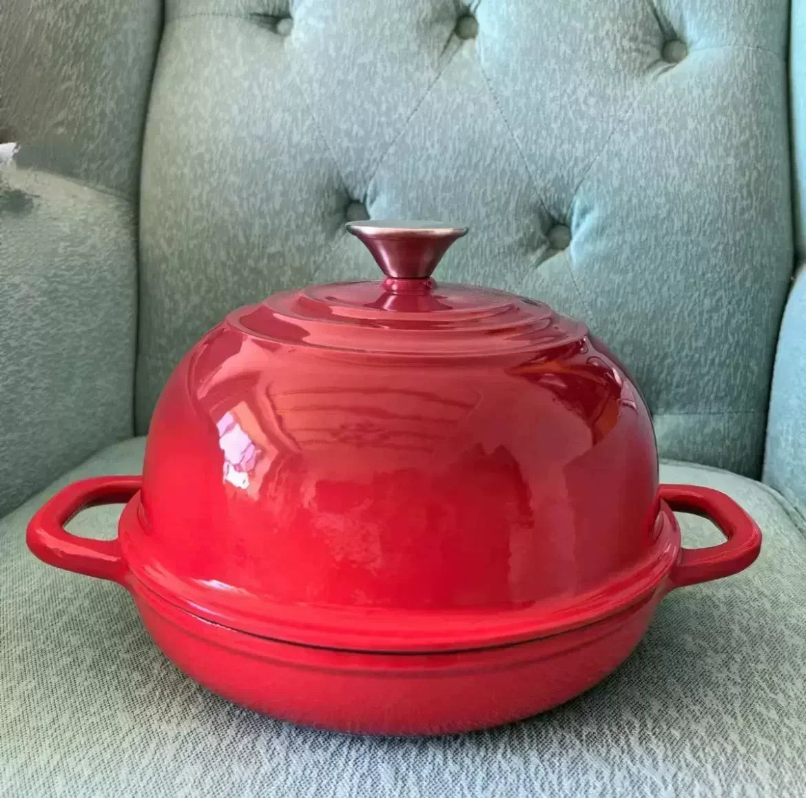 oh-11 Inch Red Enameled Cast Iron Bread Pan with Lid Dutch Oven for Sourdough Baking - Oven Safe Kitchen Baking Dish-