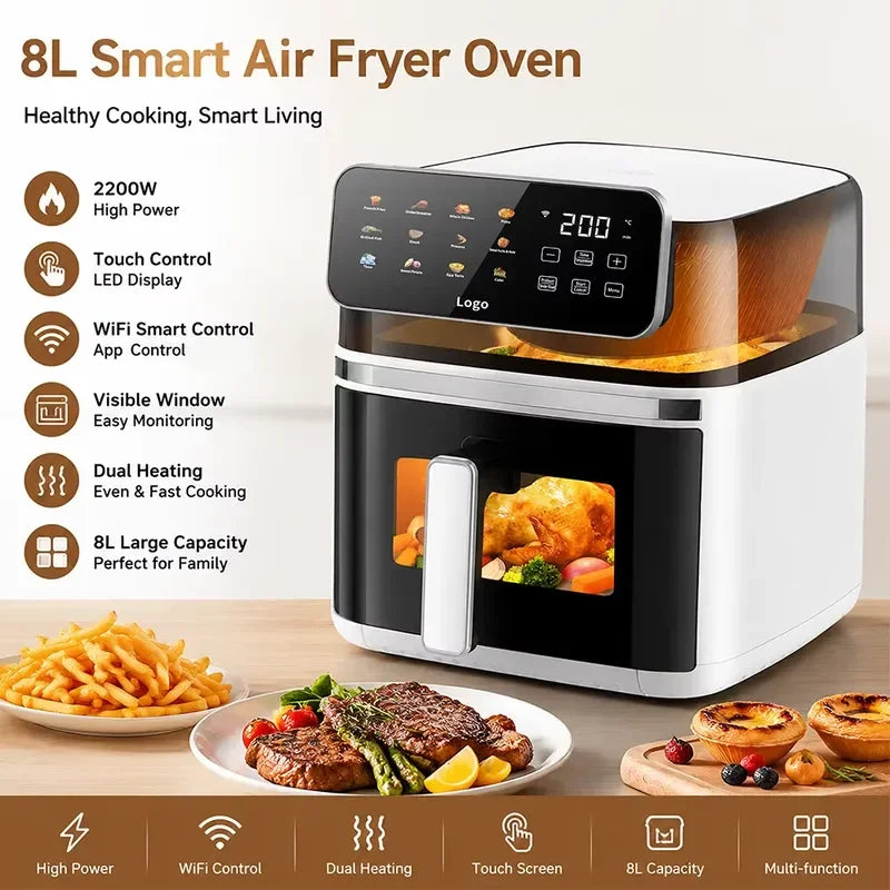 For 8 11L Large Capacity Smart Electric Air Fryer Oven 2200W WiFi App Control Dual Heating Dual View Window Plastic Home