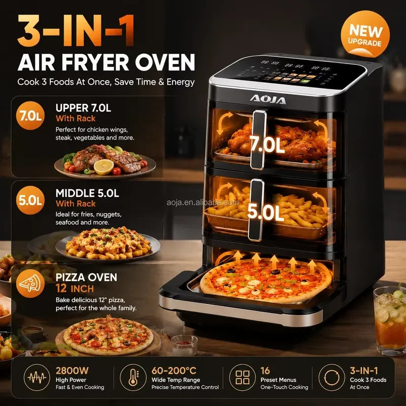 Hot Sale 6+4+10L 3-Layer Double Basket Air Fryer Oven 2800W Stainless Steel Independent Multi-Zone Color Touchscreen 12