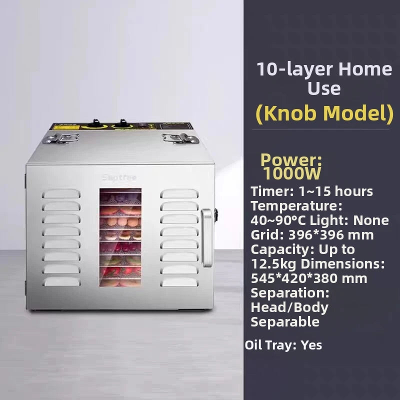 10-Tier Stainless Steel Food Dehydrator with Dual Knobs 1000W Electric Dryer Machine for Fruits/Meat/Herbs,BPA-Free&Energy Save