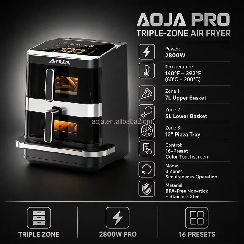 Hot Sale 6+4+10L 3-Layer Double Basket Air Fryer Oven 2800W Stainless Steel Independent Multi-Zone Color Touchscreen 12